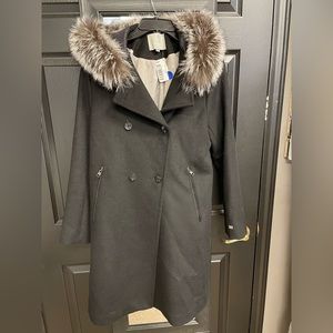 SOIA & KYO Black Faux Fur-Trim Hooded Wool-Blend Peacoat New without tags